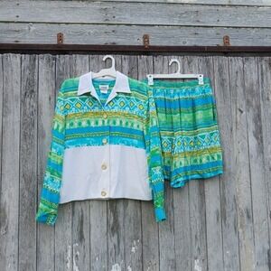 Vtg Jo Hardin Abstract Short Set Button Down top Blue/white Womens Sz 14 (M) 80s